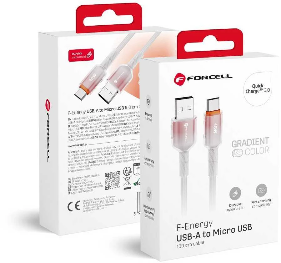 USB A į Micro USB laidas Forcell F-Energy QC3.0 2,4A 18W gradientas 1 m C351 baltas