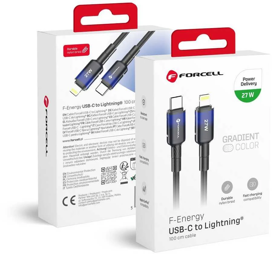 USB C - Lightning kabelis Forcell F-Energy PD 3A 27W gradientas 1 m C356 juodas