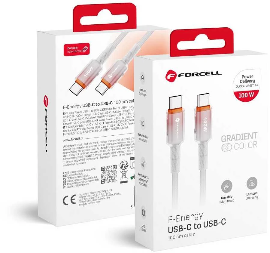 USB C į USB C laidas Forcell F-Energy QC4.0 PD 5A 100W gradientas 1 m C357 baltas