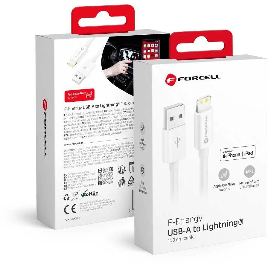 USB A tipo laidas su „Lightning“ jungtimi Forcell F-Energy MFi 2,4A 12W 1 m C703 baltas