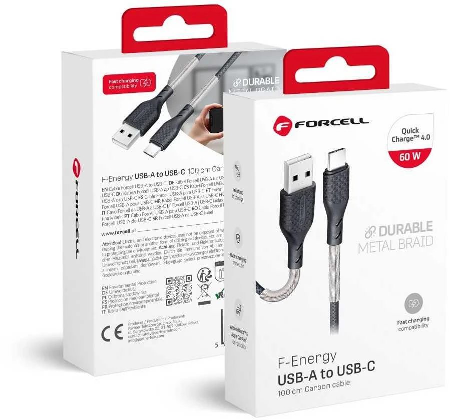 USB A į USB C laidas Forcell F-Energy QC4.0 5A 60W Carbon 1 m CB-02A juodas