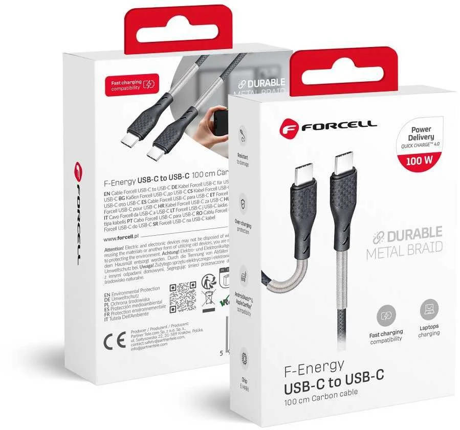 USB C į USB C laidas Forcell F-Energy QC4.0 PD 5A 100W Carbon 1 m CB-04C juodas