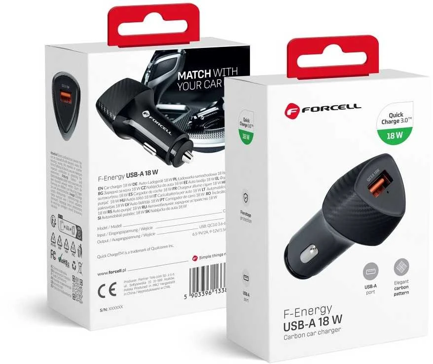 Automobilinis įkroviklis Forcell F-Energy Carbon USB A QC3.0 3A 18W CC50-1A juodas