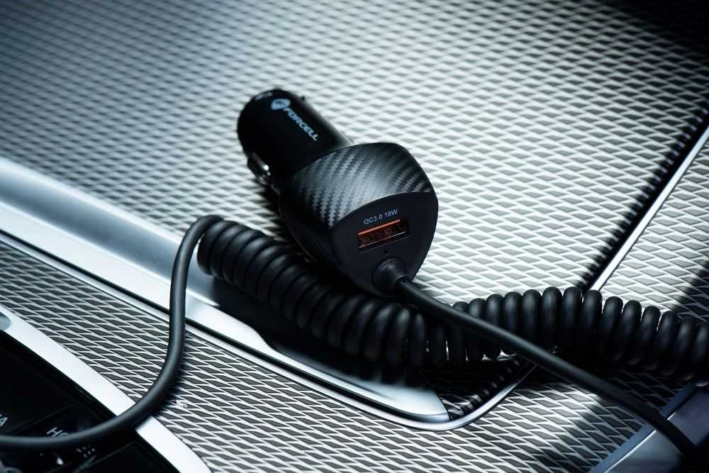 Automobilinis įkroviklis Forcell F-Energy Carbon USB A QC3.0 PD 3A 38W su laidu USB C CC50-1AC juodas