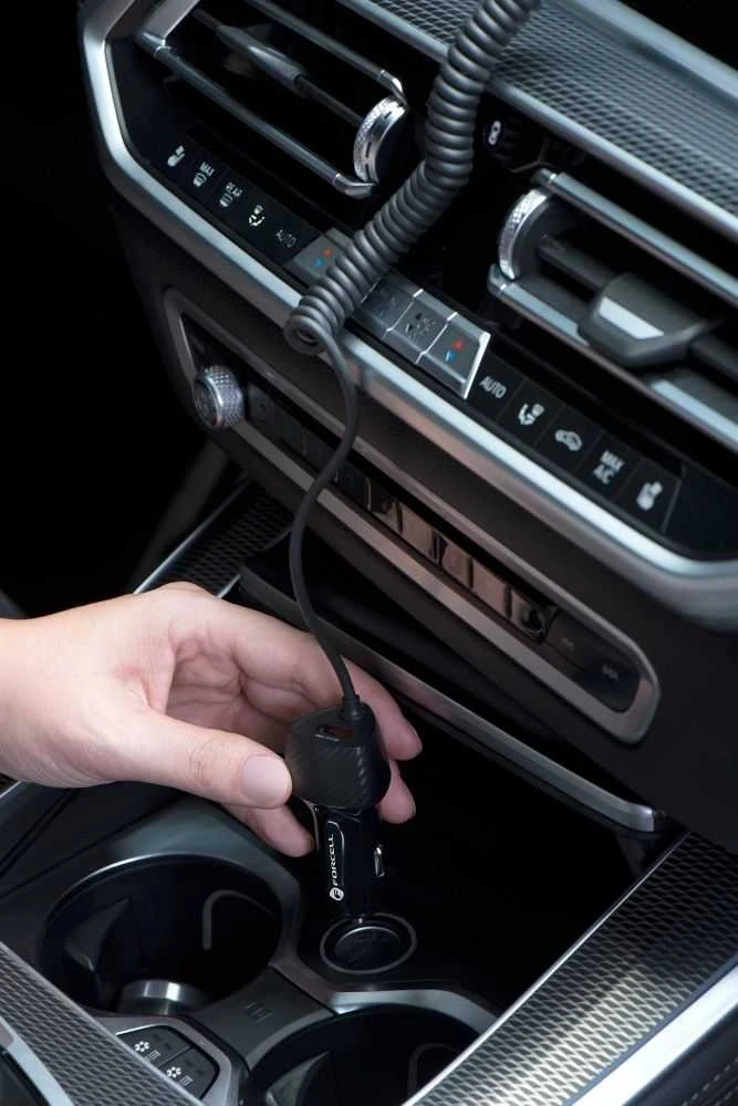 Automobilinis įkroviklis Forcell F-Energy Carbon USB A QC3.0 PD 3A 38W su laidu USB C CC50-1AC juodas