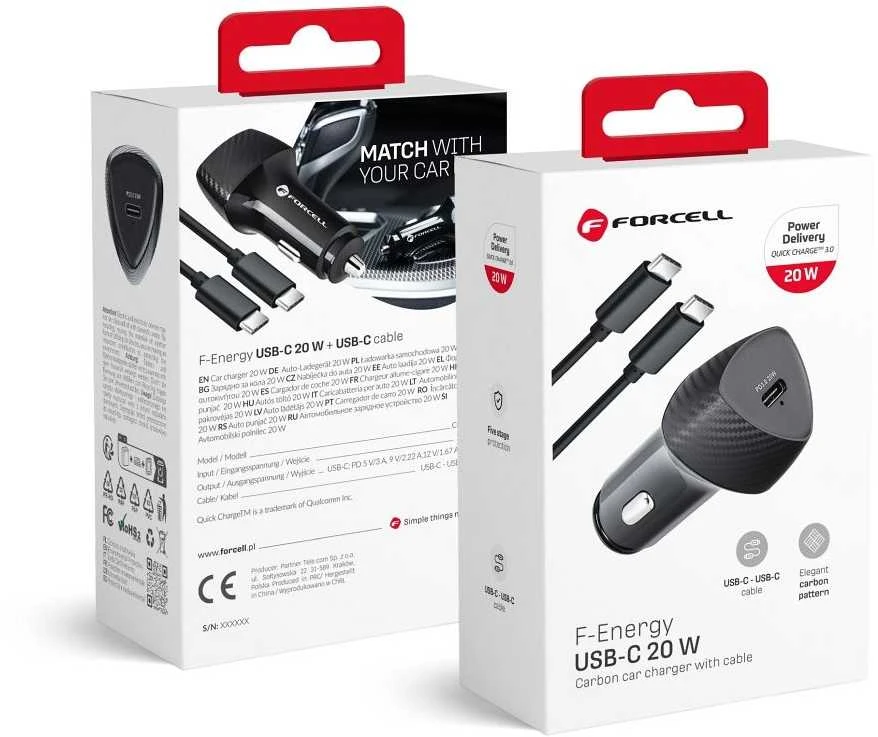 Automobilinis įkroviklis Forcell F-Energy Carbon USB C QC3.0 PD 3A 20W + laidas USB C į USB C CC50-1C juodas