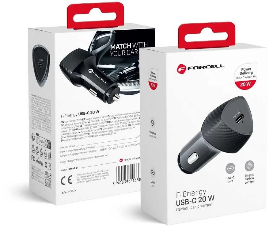 Automobilinis įkroviklis Forcell F-Energy Carbon USB C QC3.0 PD 3A 20W CC50-1C juodas