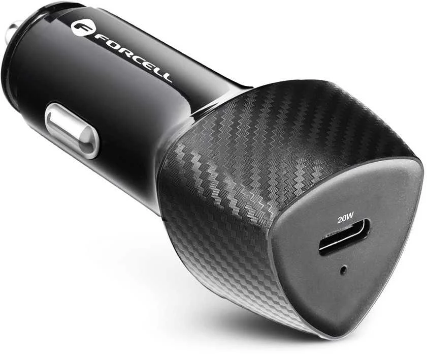 Automobilinis įkroviklis Forcell F-Energy Carbon USB C QC3.0 PD 3A 20W + laidas USB C į USB C CC50-1C juodas