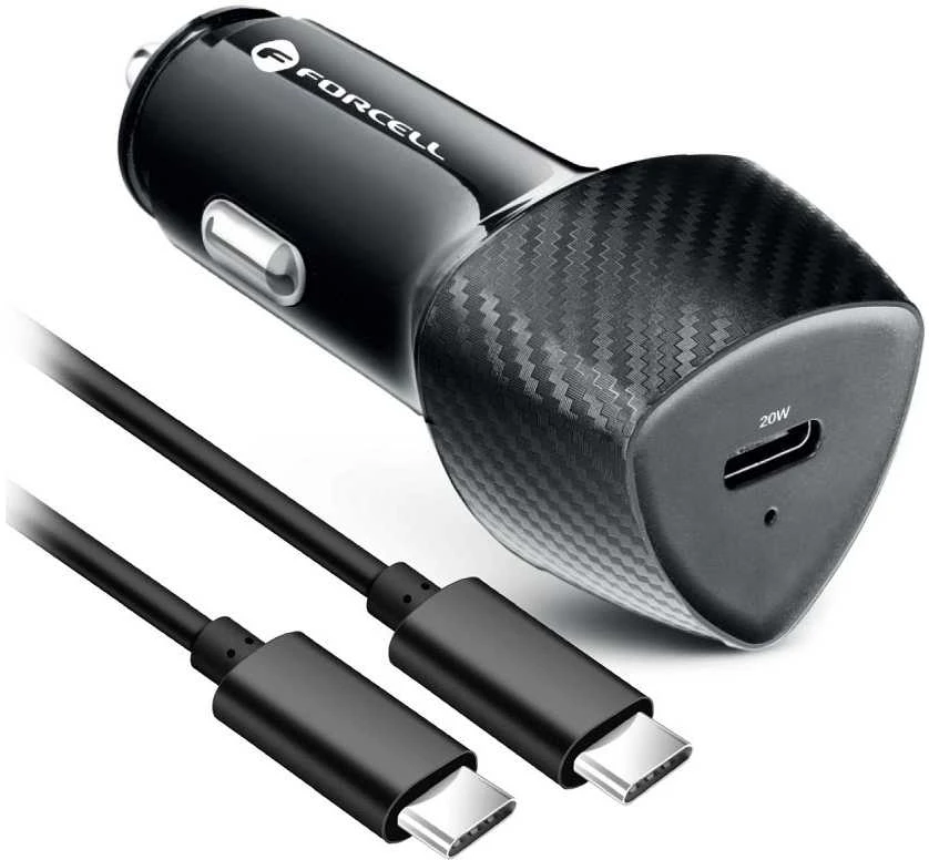 Automobilinis įkroviklis Forcell F-Energy Carbon USB C QC3.0 PD 3A 20W + laidas USB C į USB C CC50-1C juodas
