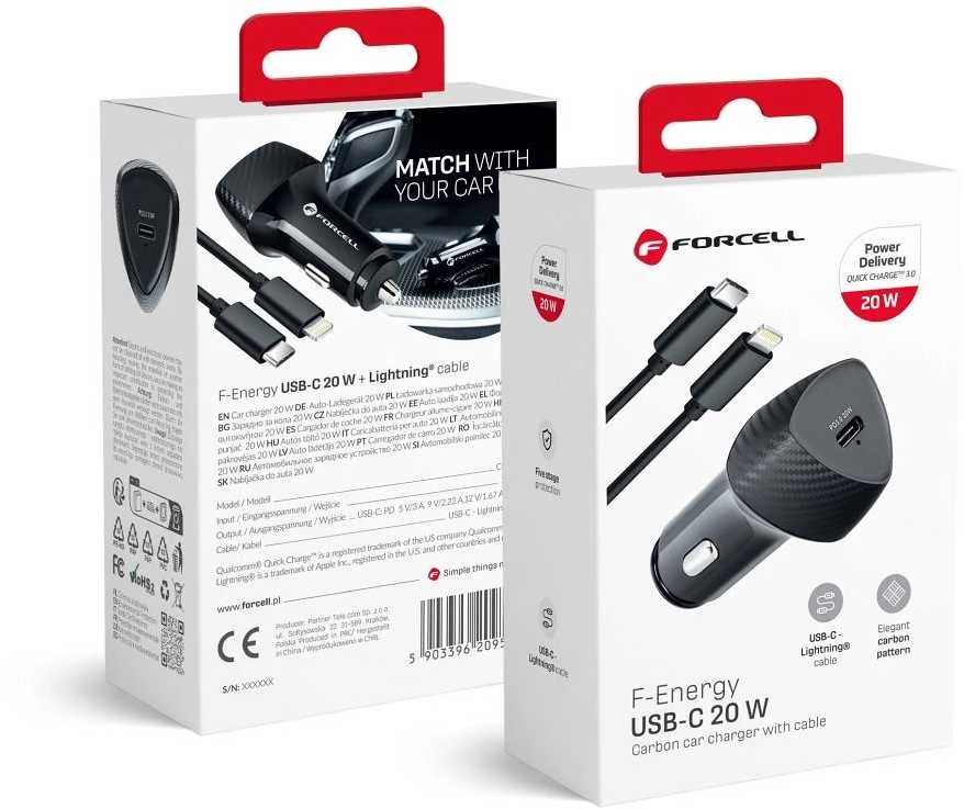 Automobilinis įkroviklis Forcell F-Energy Carbon USB C QC3.0 PD 3A 20W + laidas USB C - Lightning CC50-1C juodas
