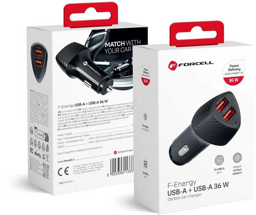 Automobilinis įkroviklis Forcell F-Energy Carbon 2 x USB A QC3.0 3A 36W CC50-2A juodas