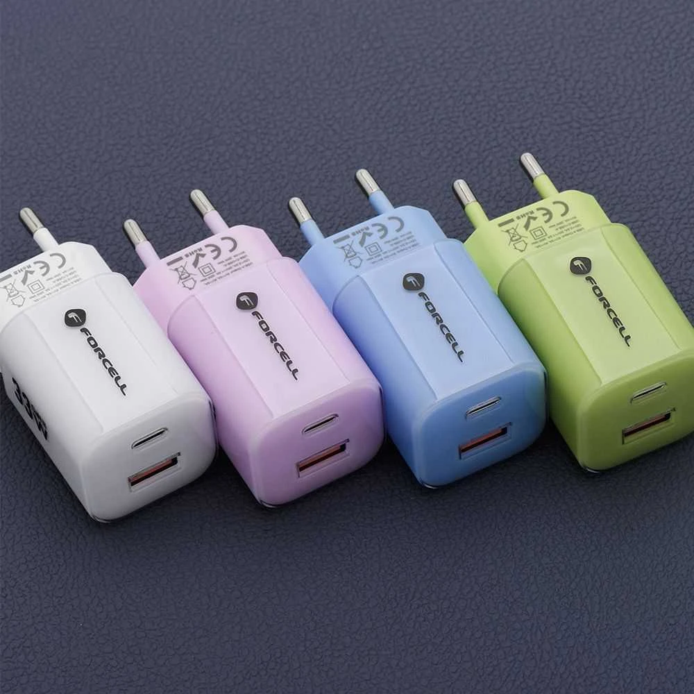 Telefono įkroviklis Forcell F-Energy GaN III Crystal Color USB C + USB A QC4.0 PD 33W + silikoninis laidas USB C į USB C VT-41 mėlynas