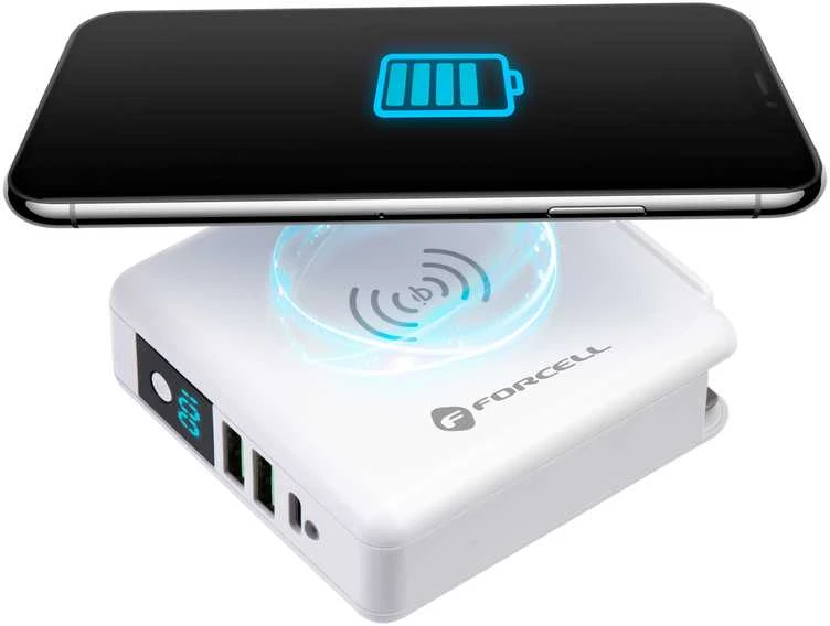 Daugiafunkcis įkroviklis Forcell F-Energy 4in1 2 x USB A + USB C 15W + išorinė baterija 8000mAh + belaidis įkrovimas baltas