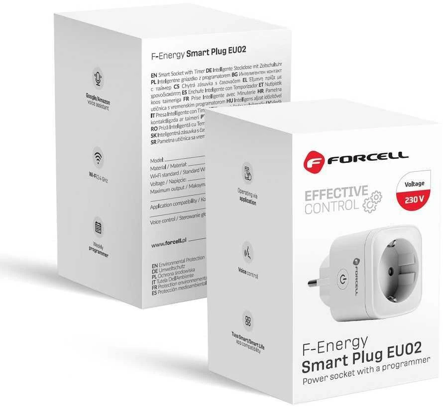FORCELL F-ENERGY EU02 išmanusis kištukas 230V su WiFi, programuotoju ir Tuya/Amazon Alexa palaikymu - baltas