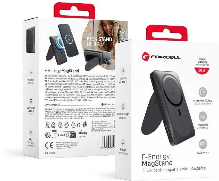 Išorinė baterija POWER BANK Forcell F-ENERGY (F10K2) 10000mAh su belaidžiu įkrovikliu (Magsafe 20W) juoda