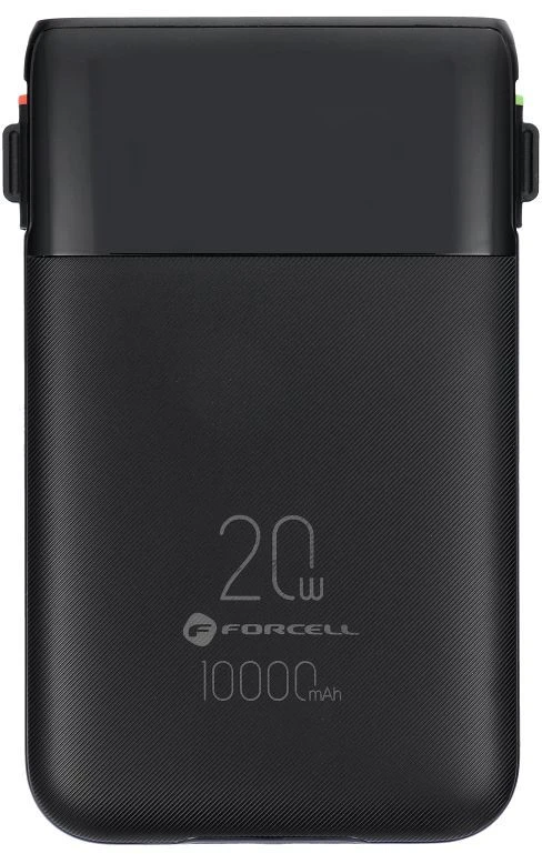 FORCELL F-ENERGY F10K6 daugiafunkcis nešiojamas įkroviklis su įmontuotais C tipo ir „Lightning“ laidais PD QC3.0 3A 22,5W 10000 mAh juodas