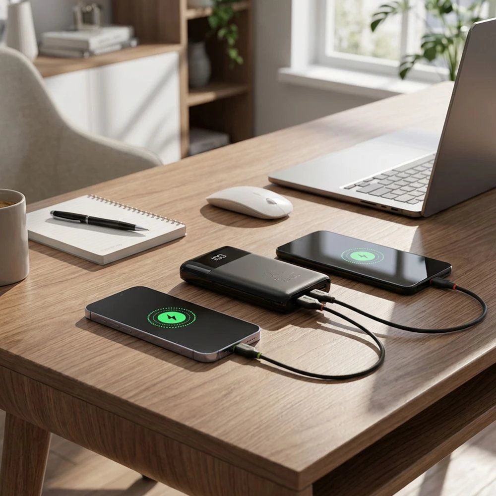 FORCELL F-ENERGY F10K6 daugiafunkcis nešiojamas įkroviklis su įmontuotais C tipo ir „Lightning“ laidais PD QC3.0 3A 22,5W 10000 mAh juodas