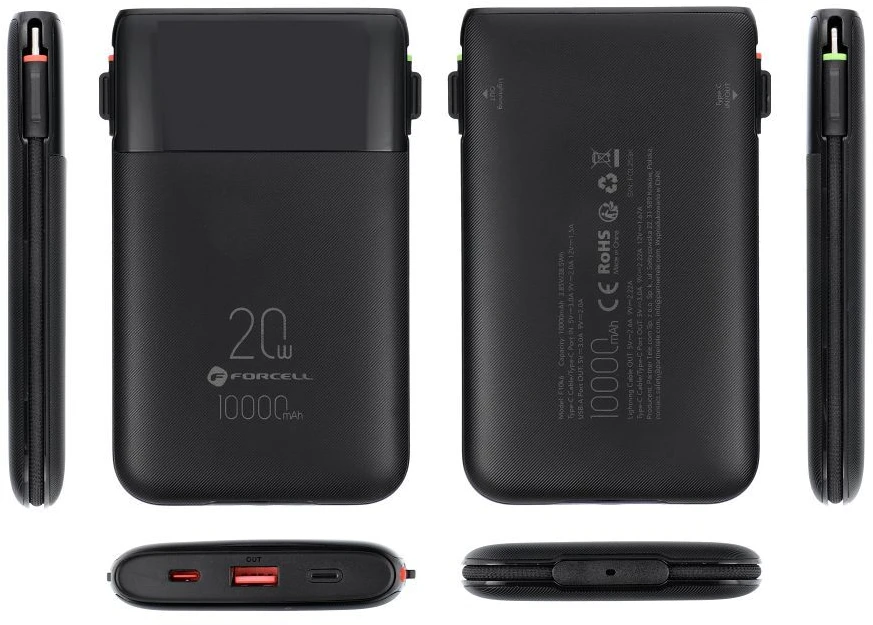 FORCELL F-ENERGY F10K6 daugiafunkcis nešiojamas įkroviklis su įmontuotais C tipo ir „Lightning“ laidais PD QC3.0 3A 22,5W 10000 mAh juodas