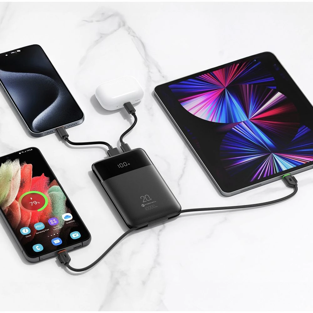 FORCELL F-ENERGY F10K6 daugiafunkcis nešiojamas įkroviklis su įmontuotais C tipo ir „Lightning“ laidais PD QC3.0 3A 22,5W 10000 mAh juodas