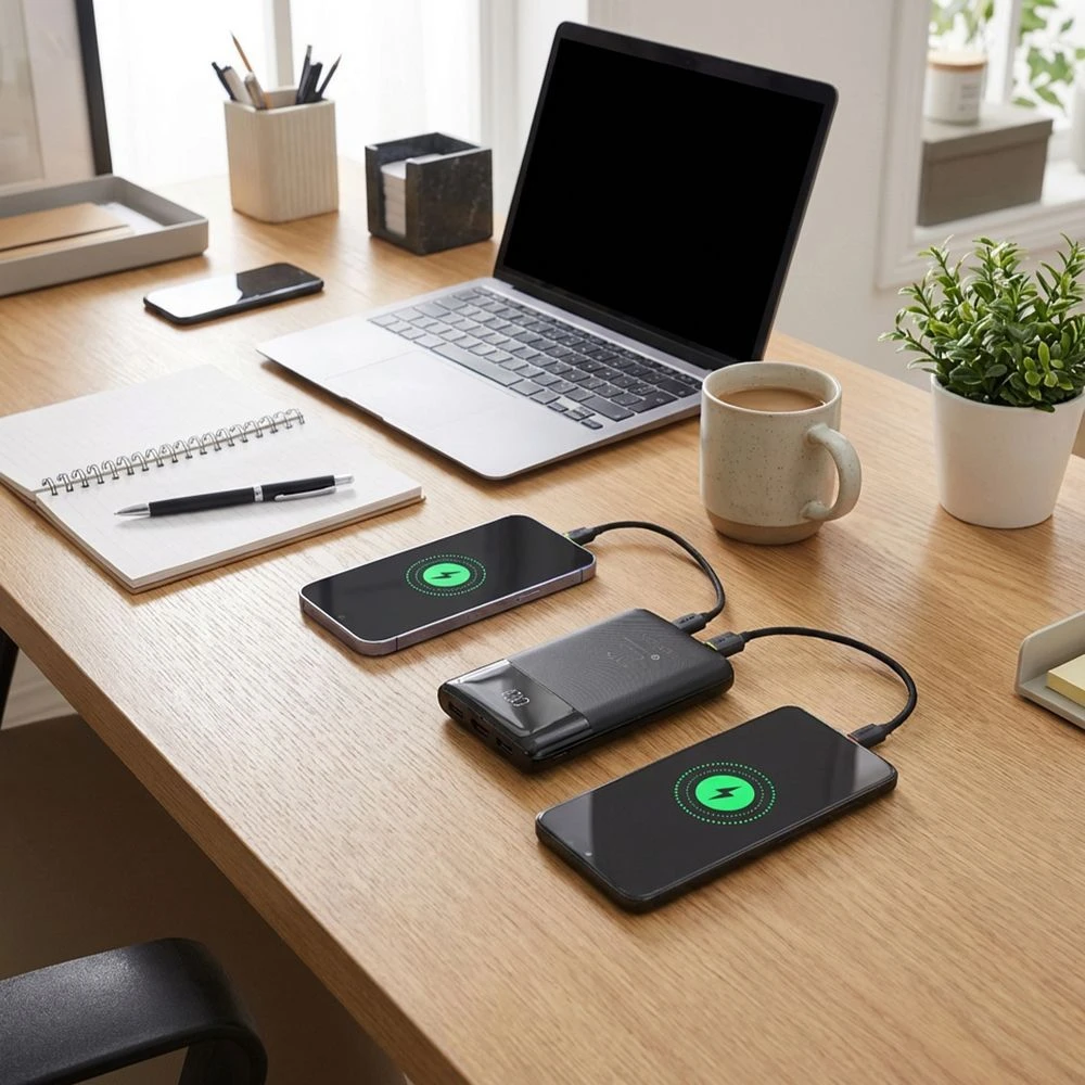 FORCELL F-ENERGY F10K6 daugiafunkcis nešiojamas įkroviklis su įmontuotais C tipo ir „Lightning“ laidais PD QC3.0 3A 22,5W 10000 mAh juodas
