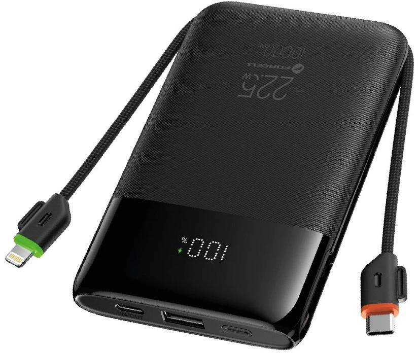 FORCELL F-ENERGY F10K6 daugiafunkcis nešiojamas įkroviklis su įmontuotais C tipo ir „Lightning“ laidais PD QC3.0 3A 22,5W 10000 mAh juodas