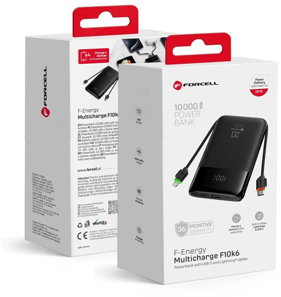 FORCELL F-ENERGY F10K6 daugiafunkcis nešiojamas įkroviklis su įmontuotais C tipo ir „Lightning“ laidais PD QC3.0 3A 22,5W 10000 mAh juodas