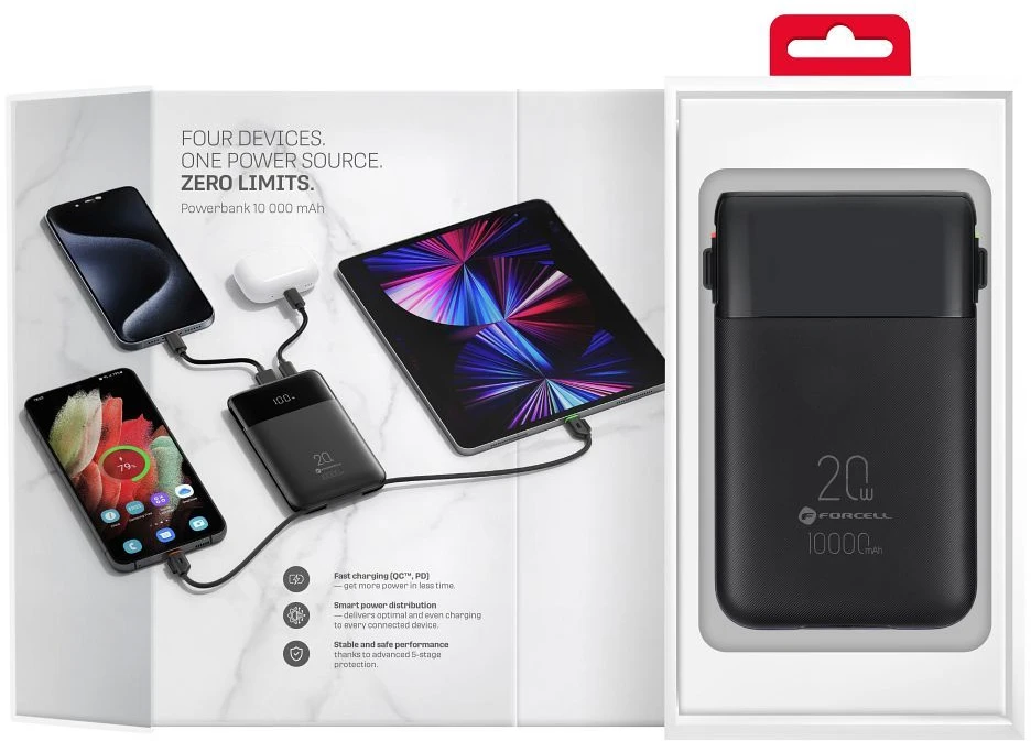 FORCELL F-ENERGY F10K6 daugiafunkcis nešiojamas įkroviklis su įmontuotais C tipo ir „Lightning“ laidais PD QC3.0 3A 22,5W 10000 mAh juodas