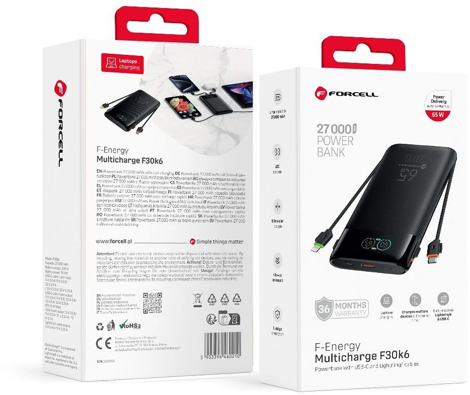 FORCELL F-ENERGY F30K6 Multicharge powerbank with built-in cables Type C and Lightning PD QC3.0 3A 65W 27000 mAh juodas