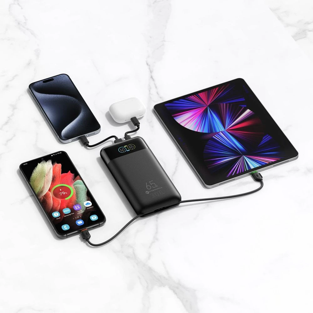 FORCELL F-ENERGY F30K6 Multicharge powerbank with built-in cables Type C and Lightning PD QC3.0 3A 65W 27000 mAh juodas