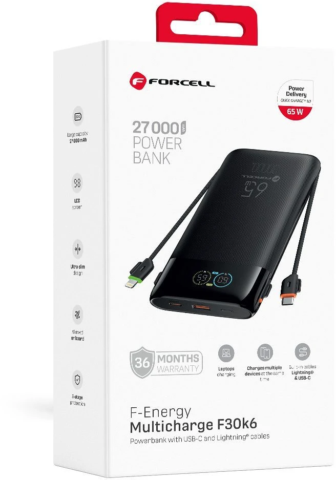 FORCELL F-ENERGY F30K6 Multicharge powerbank with built-in cables Type C and Lightning PD QC3.0 3A 65W 27000 mAh juodas