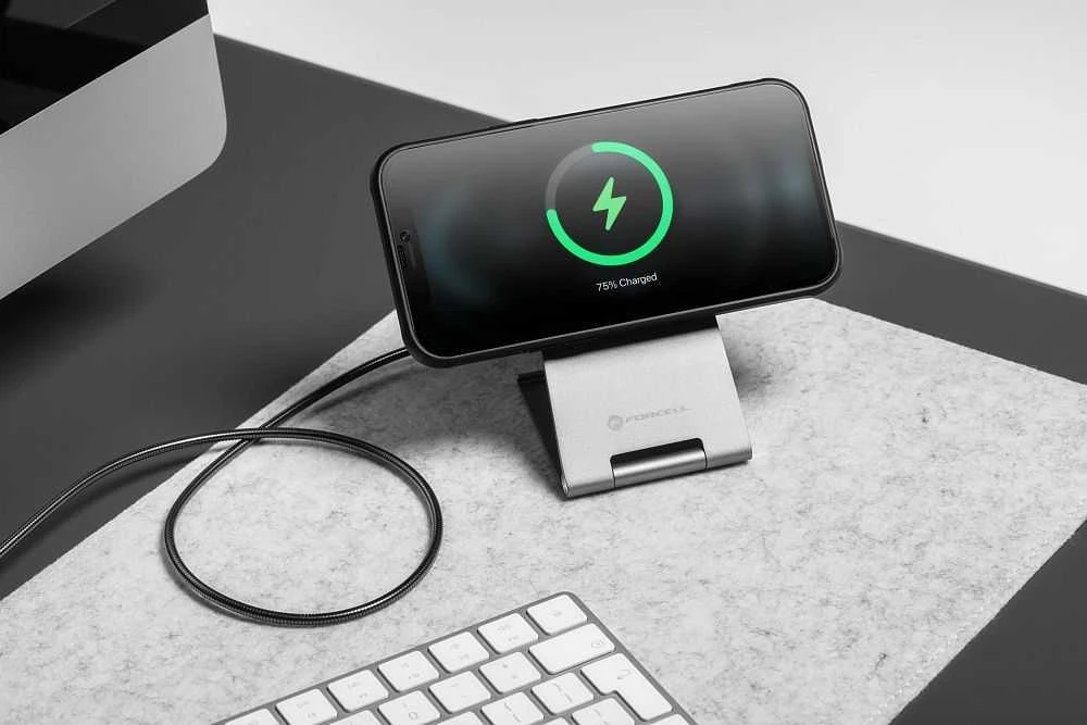 Belaidis įkroviklis Forcell F-Energy Flip Charge USB C Qi2 15W, suderinamas su MagSafe sidabrinis 0INT
