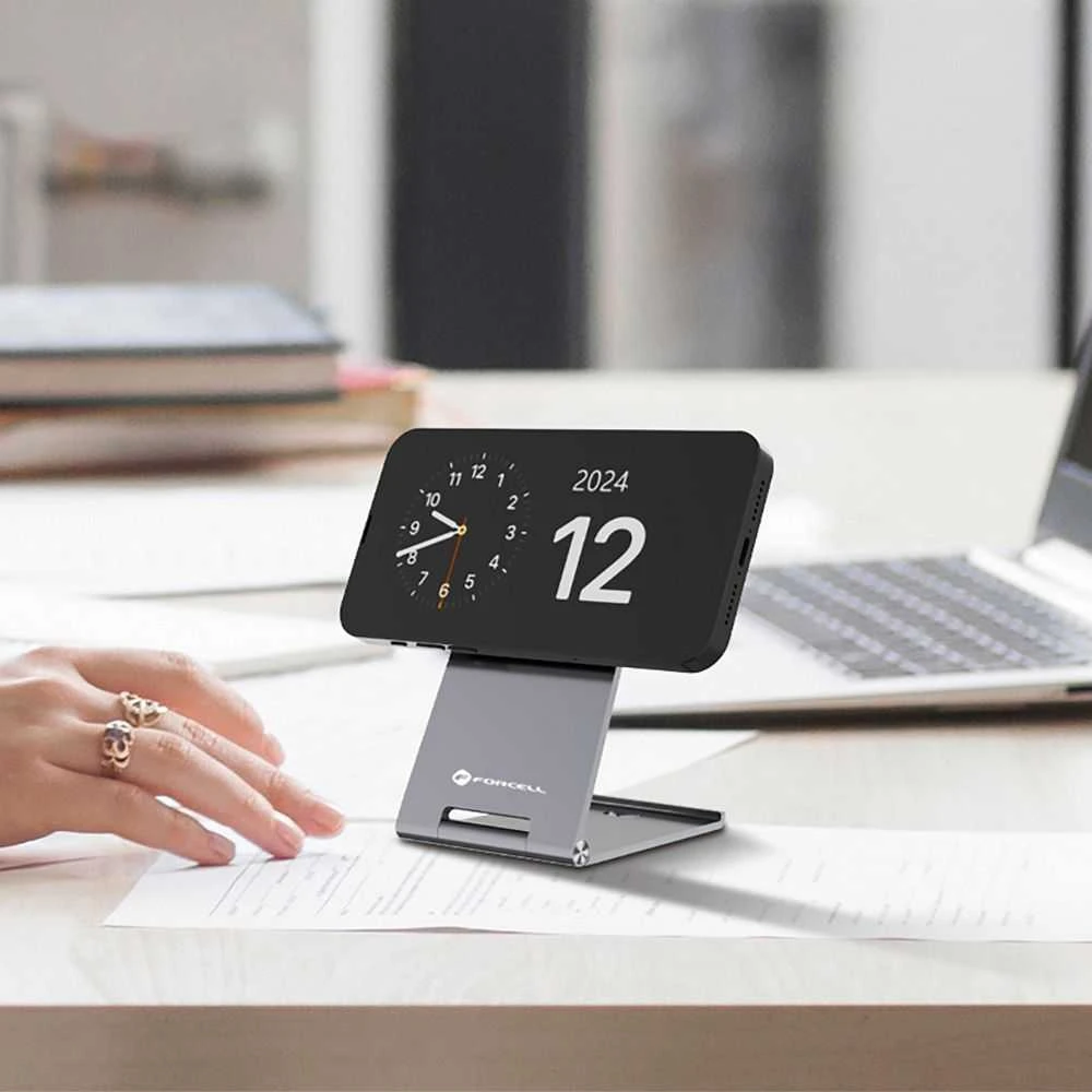 Belaidis įkroviklis Forcell F-Energy Flip Charge USB C Qi2 15W, suderinamas su MagSafe sidabrinis 0INT