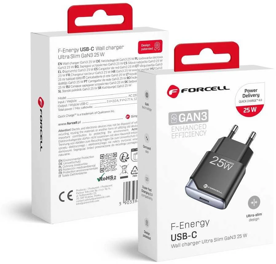 Telefono įkroviklis Forcell F-Energy Ultra Slim GaN III USB C PD QC4.0 3A 25W B125101-E juodas