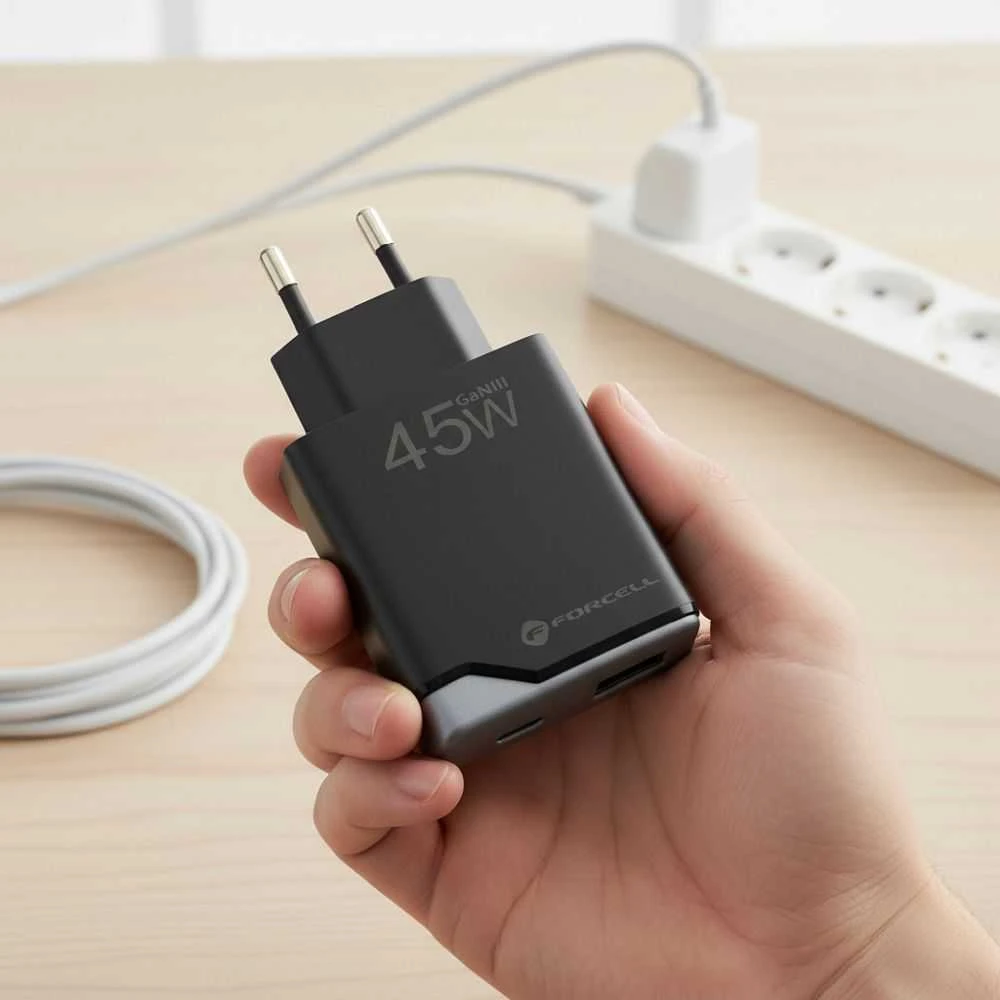 Telefono įkroviklis Forcell F-Energy Ultra Slim GaN III 2 x USB C PD QC4.0 3A 45W B245201(2C) juodas