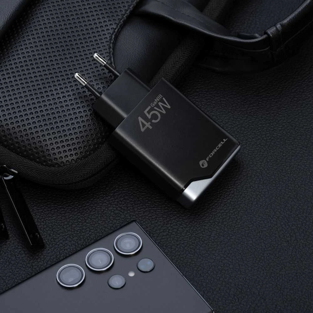 Telefono įkroviklis Forcell F-Energy Ultra Slim GaN III 2 x USB C PD QC4.0 3A 45W B245201(2C) juodas
