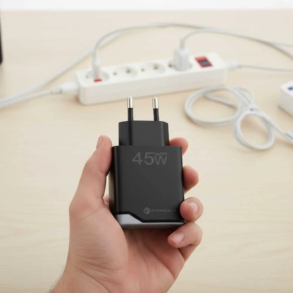 Telefono įkroviklis Forcell F-Energy Ultra Slim GaN III USB C + USB A PD QC4.0 3A 45W B245202(1A1C) juodas