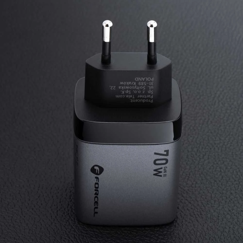 Telefono įkroviklis Forcell F-Energy GaN III 2 x USB C + USB A QC4.0 3,45A PD 70W SAM SFC2.0 su LCD ekranu VT-37 pilka
