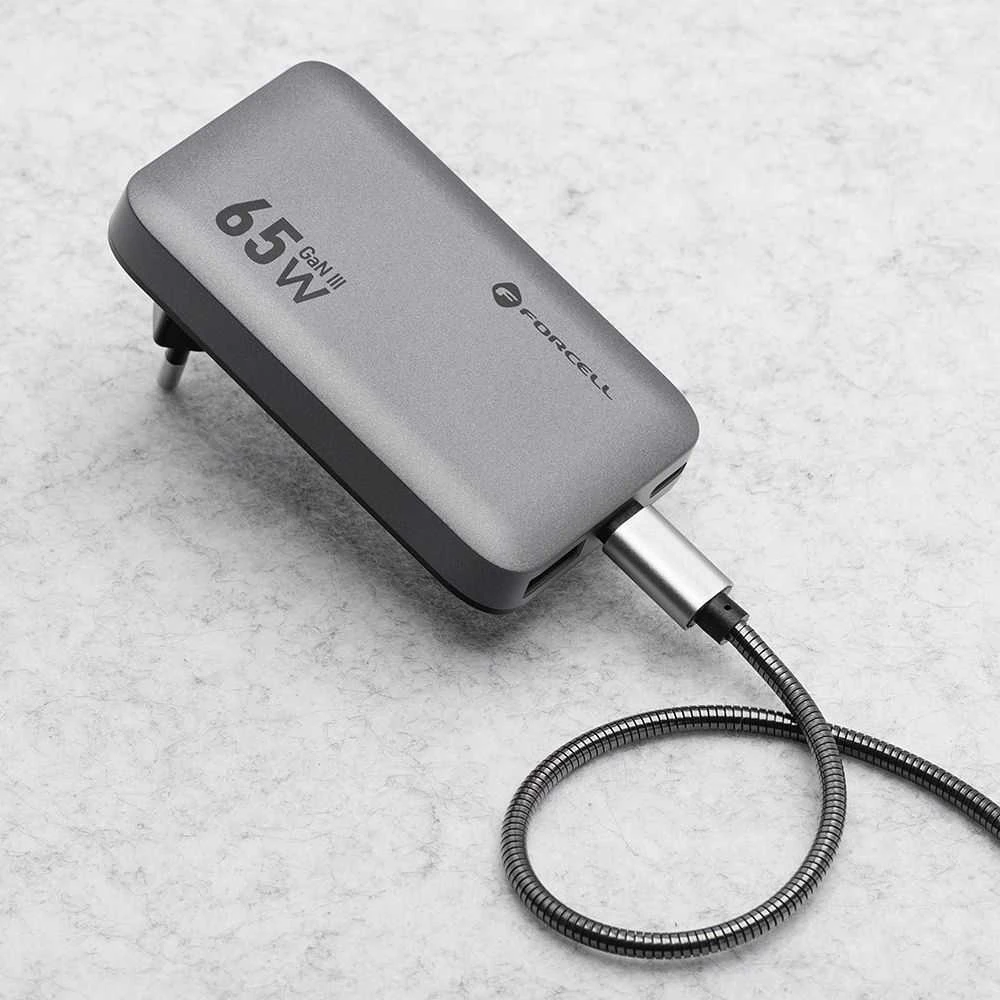 Telefono įkroviklis Forcell F-Energy Ultra Slim GaN III 2 x USB C + USB A QC4.0 PD 4A 65W VT-47 pilka 0INT