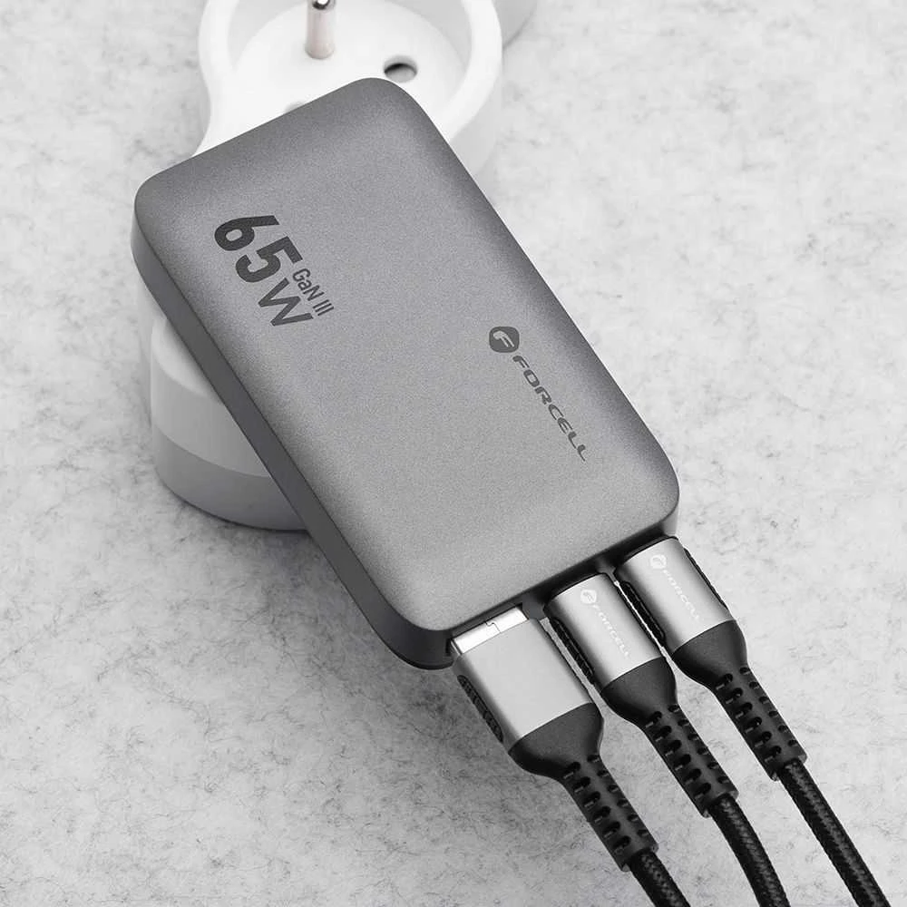 Telefono įkroviklis Forcell F-Energy Ultra Slim GaN III 2 x USB C + USB A QC4.0 PD 4A 65W VT-47 pilka 0INT