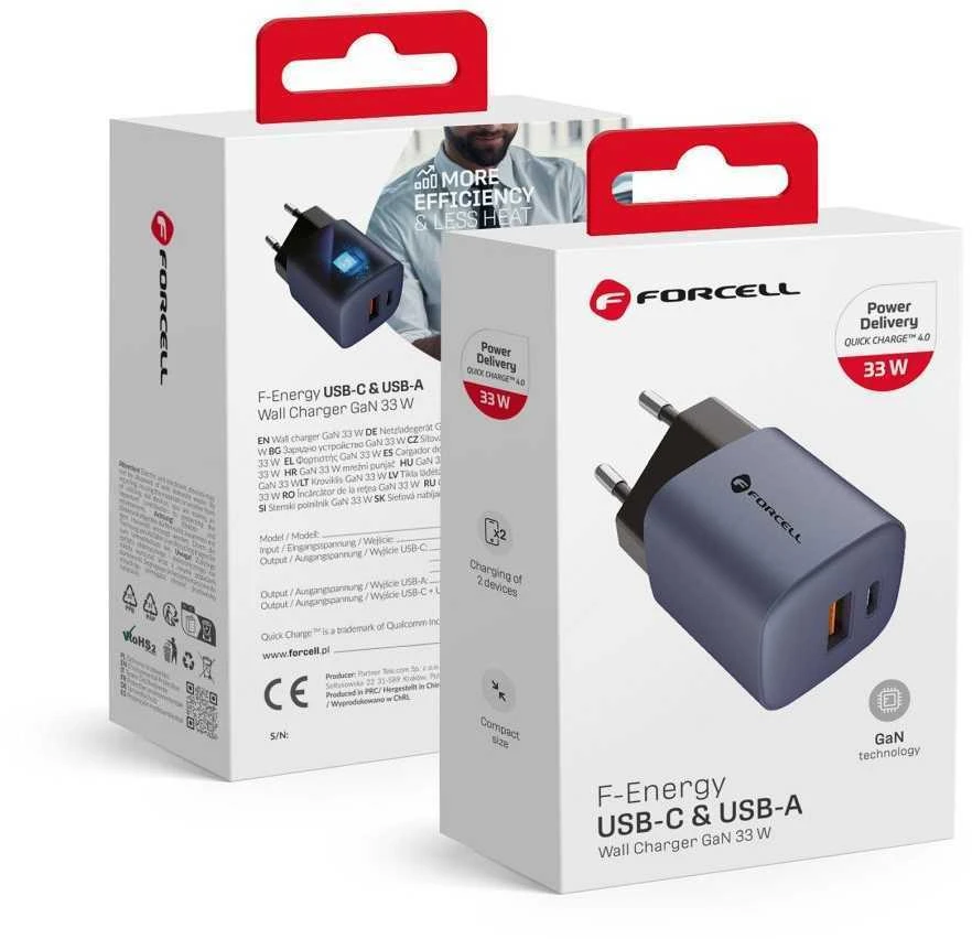 Įkroviklis Forcell F-Energy (1xUSB-C;1xUSB 3A 33W) juodas