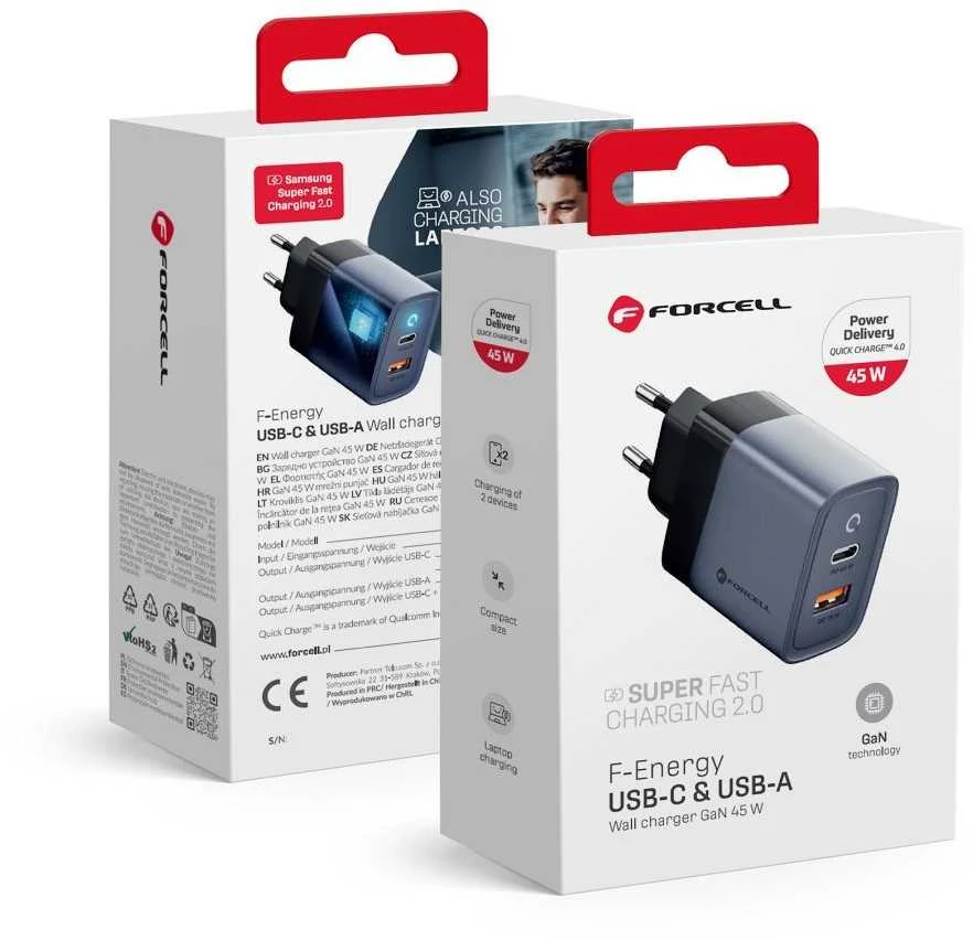 Įkroviklis Forcell F-Energy (1xUSB-C;1xUSB 4A 45W) juodas
