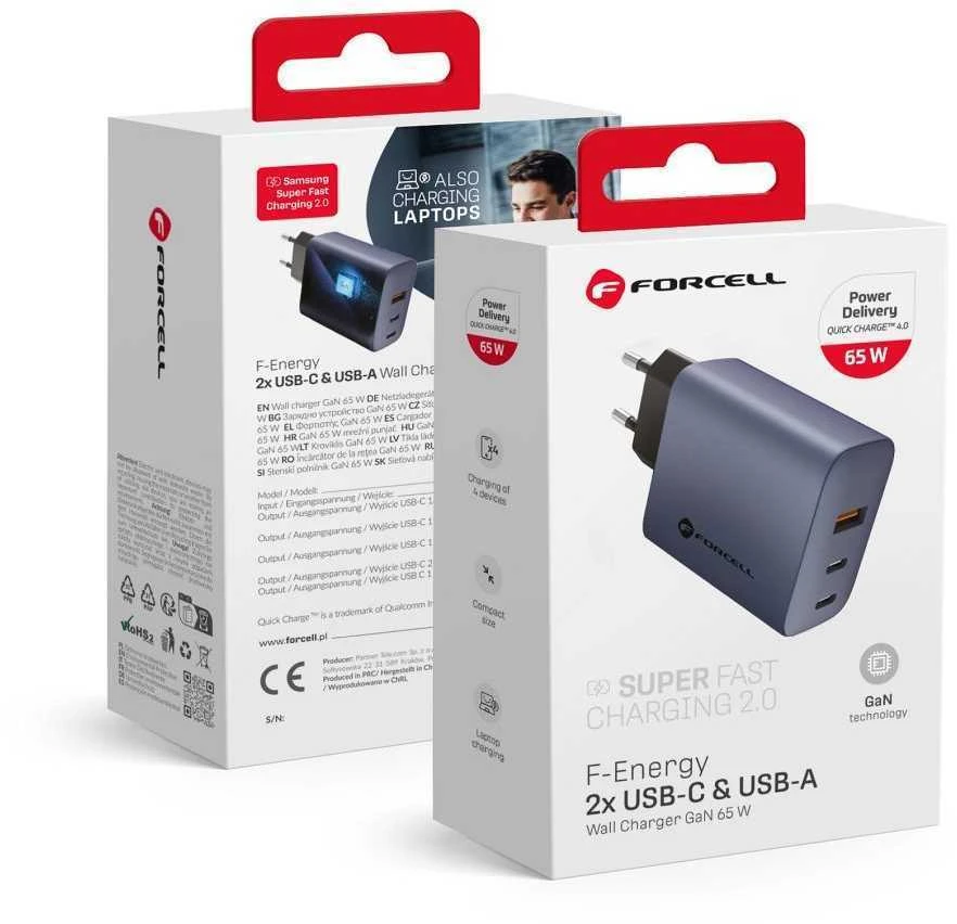 Įkroviklis Forcell F-Energy (2xUSB-C;1xUSB 4A 65W) juodas