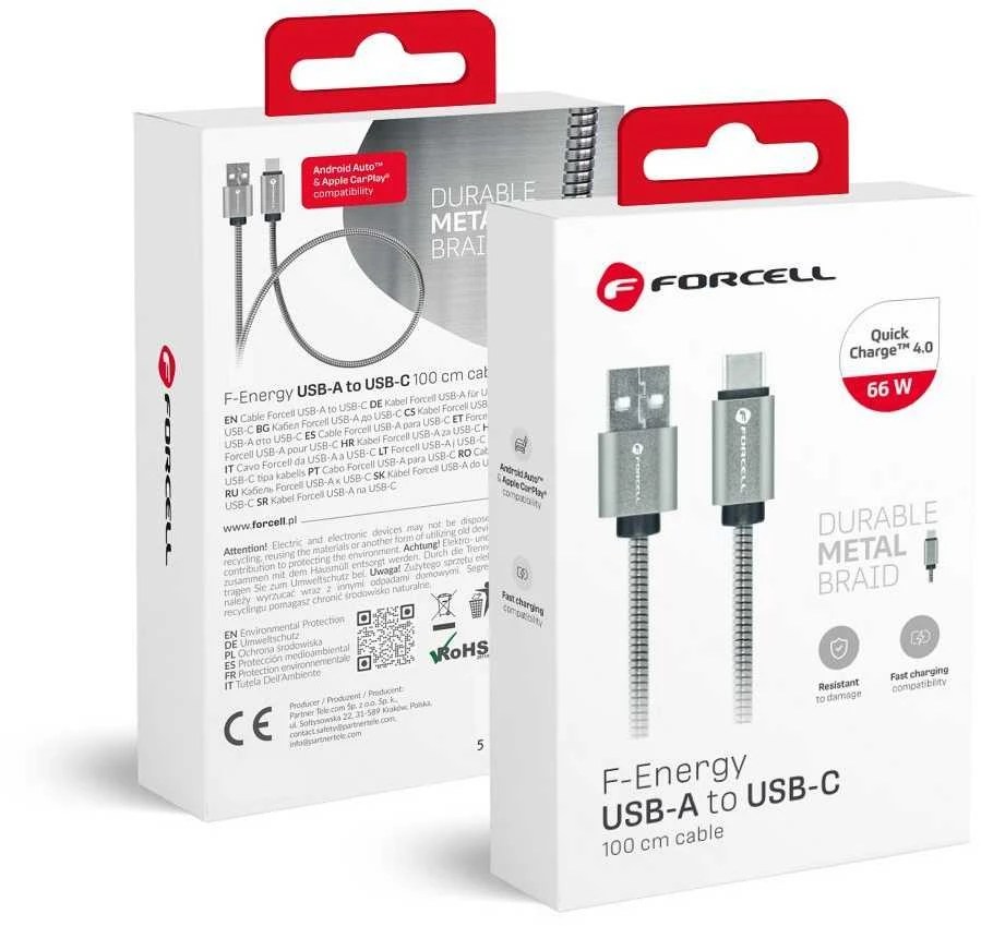 USB A į USB C laidas Forcell F-Energy QC3.0 66W metalinis 1 m C234 sidabrinis