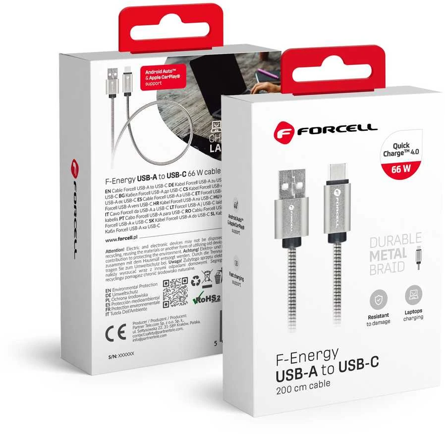USB A į USB C laidas Forcell F-Energy QC4.0 3A 66W metalinis 2 m C234 sidabrinis