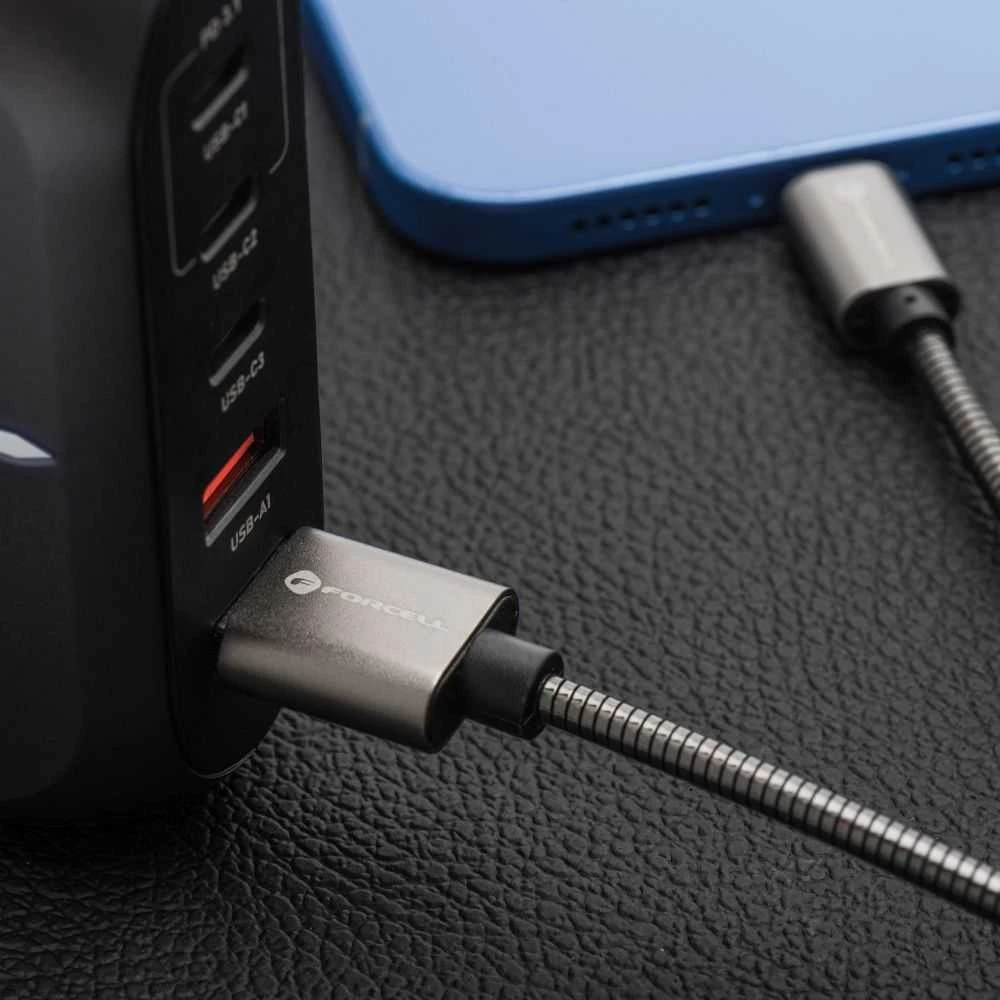 USB A į USB C laidas Forcell F-Energy QC3.0 66W metalinis 1 m C234 sidabrinis