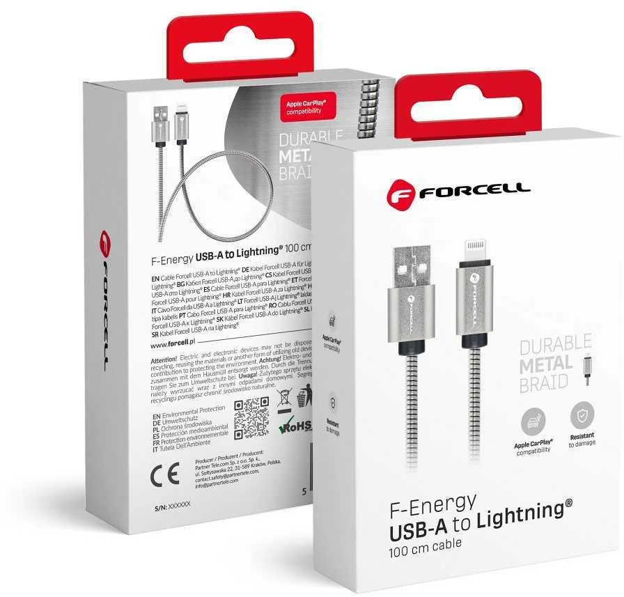 USB A tipo laidas su „Lightning“ jungtimi Forcell F-Energy 2,4A 12W, metalinis, 1 m, C236, sidabrinis