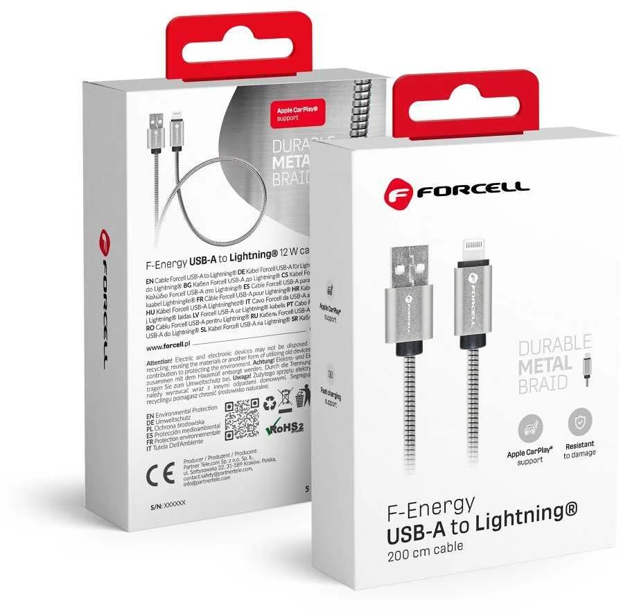 USB A tipo laidas su „Lightning“ jungtimi Forcell F-Energy 2,4A 12W, metalinis, 2 m, C236, sidabrinis