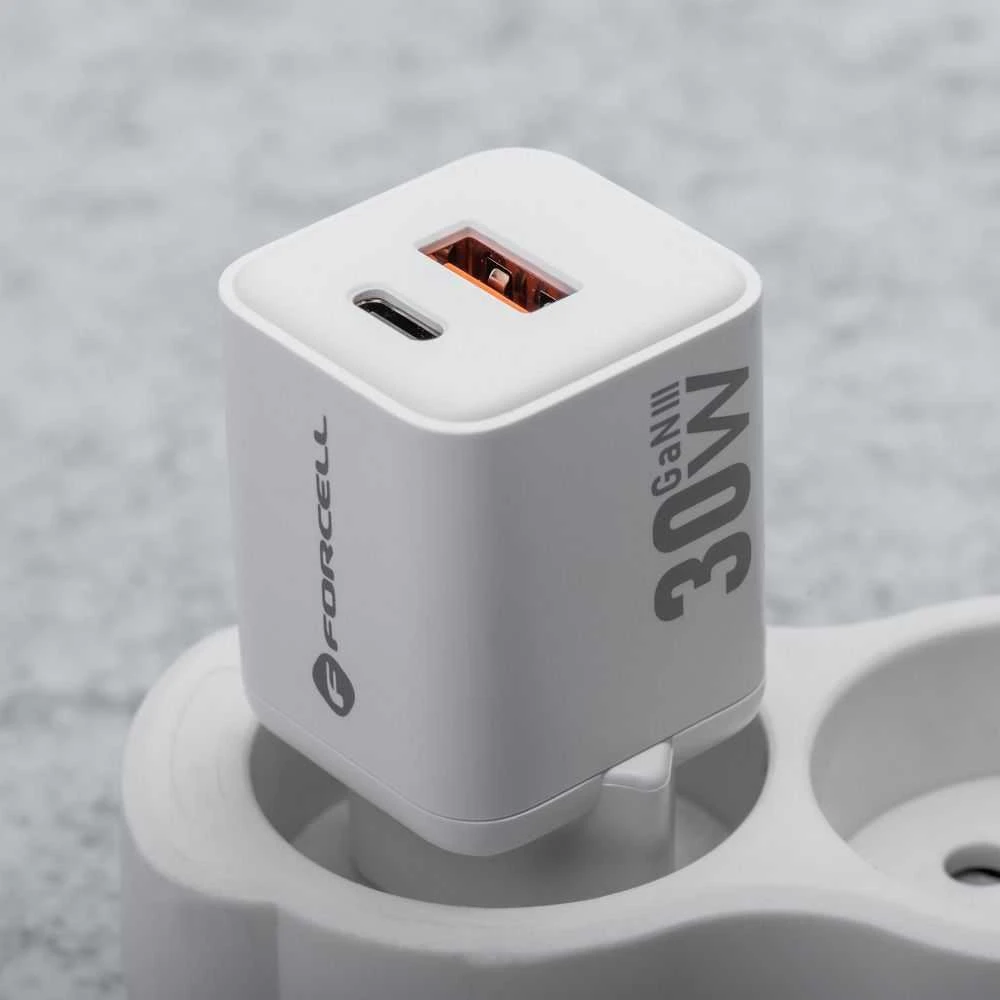 Telefono įkroviklis Forcell F-Energy Mini GaN III USB C + USB A QC4.0 PD 30W VT-35 baltas 0INT