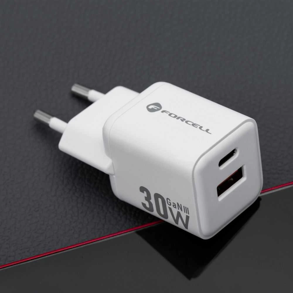 Telefono įkroviklis Forcell F-Energy Mini GaN III USB C + USB A QC4.0 PD 30W VT-35 baltas 0INT