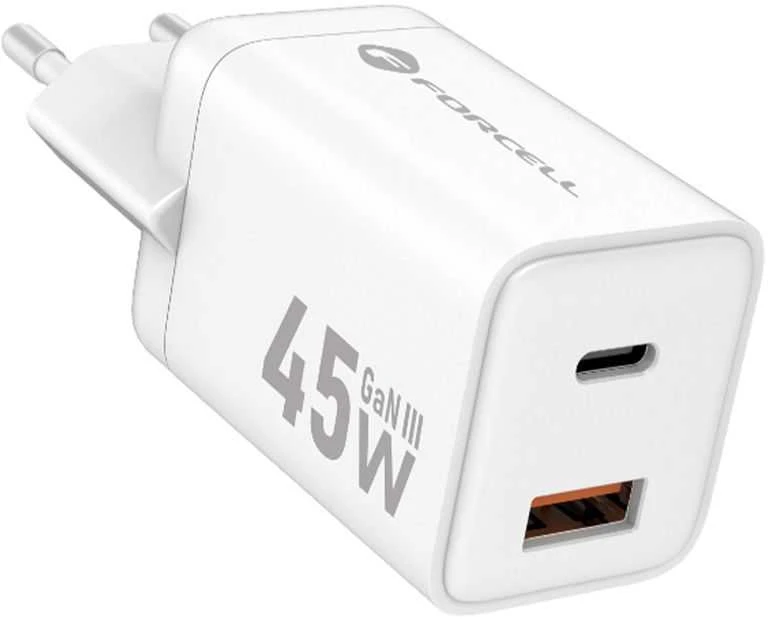 Telefono įkroviklis Forcell F-Energy Mini GaN III USB C + USB A PD QC4.0 45W VT-36 baltas